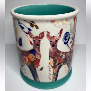 Anthropologie Starla Halfmann Folklore Deer Floral Gold Trim Coffee Mug 14 oz.
